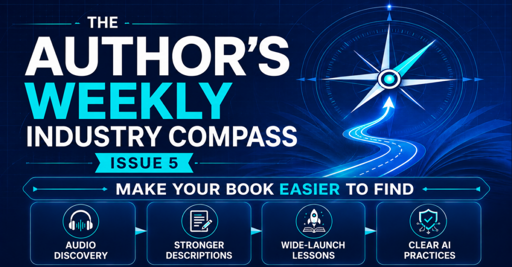 Book discoverability strategy infographic covering audio discovery, book descriptions, wide launches, and AI clarity.